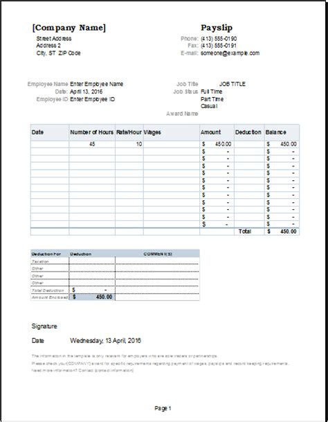 payslip templates   printable word excel  formats