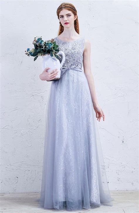 romantic scoop embellished dusty blue lace   prom bridesmaid dress  bow bow wedding