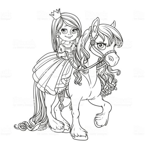 beautiful  princess riding  horse outlined  coloring book