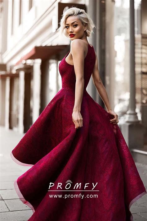modern maroon lace high low designer prom dress promfy
