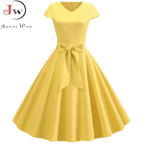 Yellow Solid Color Summer Dress Vintage Women Swing Rockabilly Dresses