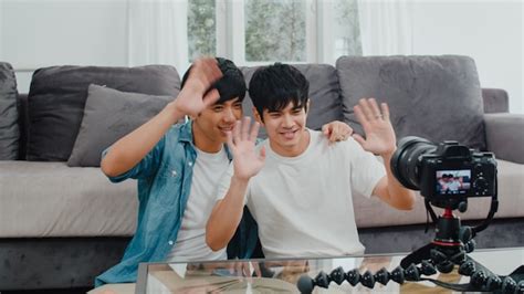 Free Photo Young Asian Gay Couple Influencer Couple Vlog At Home