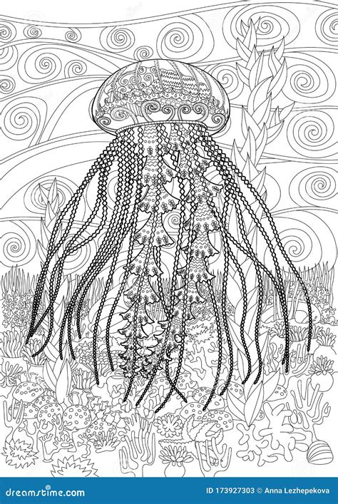 high detailed jellyfish  coloring book  adults stock vector