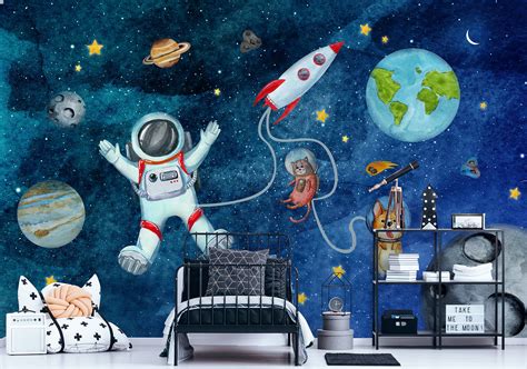 kids space wallpaper astronaut planets space wall mural etsy