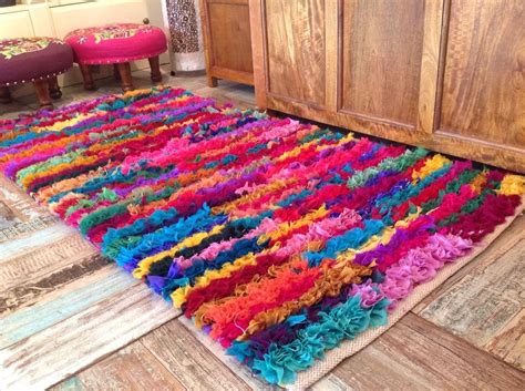 multi colour indian cotton chindi tufted shaggy rag rug   cm
