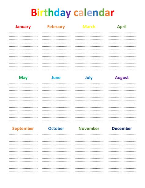 birthday calendar rainbow color chart templates