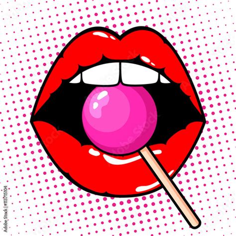 woman red lips with lollipop on pop art background vector illustration