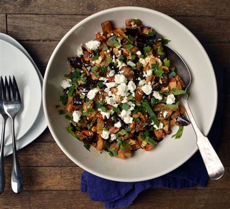 roasted eggplant salad with smoked almonds and goat cheese