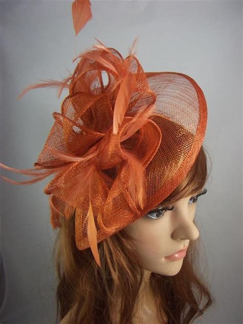 Rusty Orange Teardrop Sinamay And Feathers Hat Fascinator Occasion