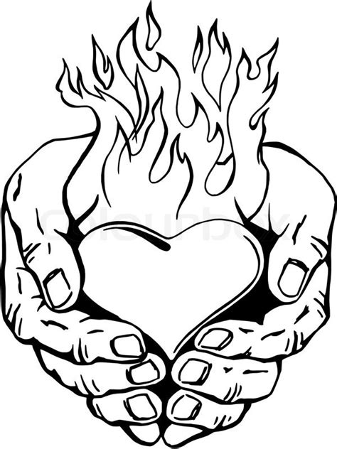 hand drawn vector sketch illustration  flaming heart   hands