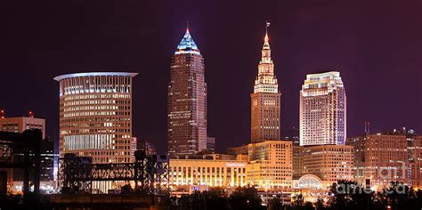 Cleveland Skyline Night Color Downtown Buildings Photograph By Jon