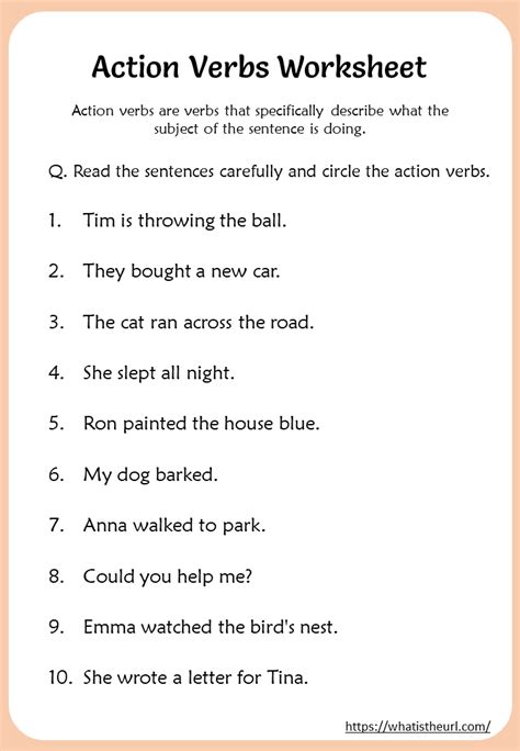 action verbs worksheets  grade  home teacher