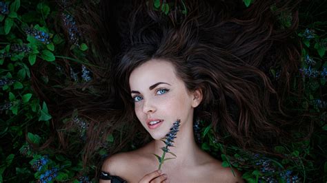 Wallpaper Face Forest Women Model Flowers Long Hair Blue Eyes
