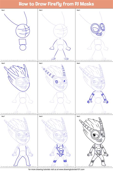 draw firefly  pj masks printable step  step drawing sheet