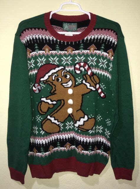 Ugly Christmas Sweater Men Xmas Gingerbread Cookie House Green Knit Sz