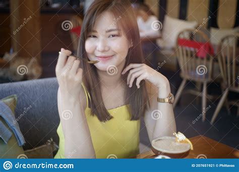 Asian Girl Have A Breakfast In Coffee Shop Stock Image Image Of