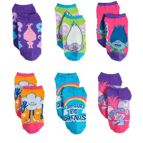 Girls 4 6x Dreamworks Trolls 6 Pack No Show Socks Girls Size 6 8 1