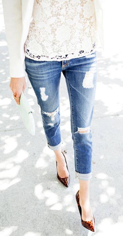 Lace Top Ripped Skinny Jean Rolled Up Pointed Toe Heel Classy Yet