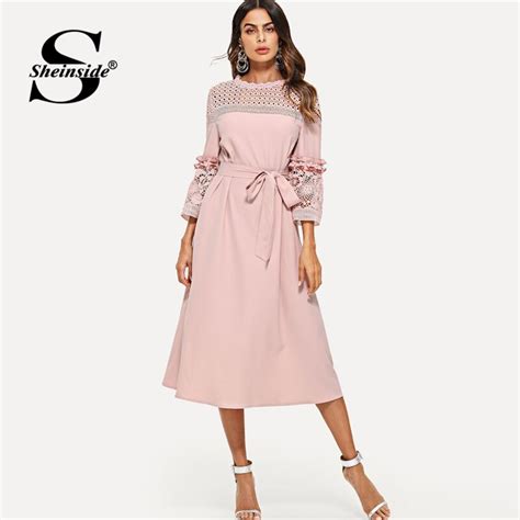sheinside pink lace hollowed out midi dress women 2019