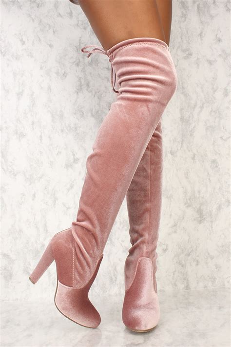 pink round toe chunky ami clubwear thigh high boots faux velvet