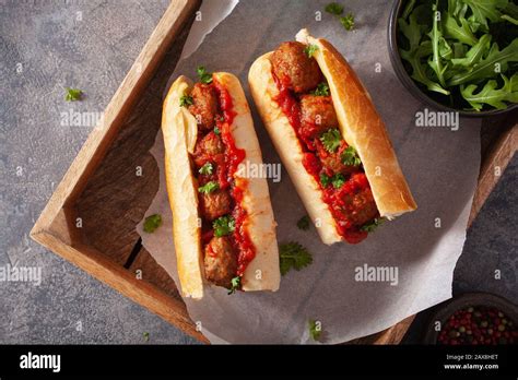 Meatball Sub Sandwich With Cheese And Marinara Tomato Sauce American