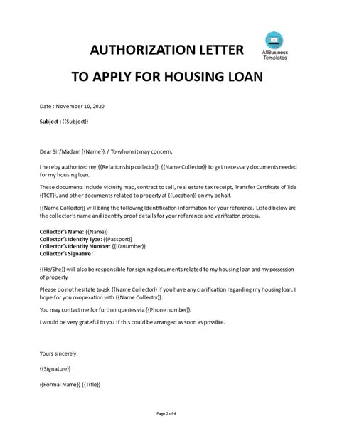 housing loan authorization letter template