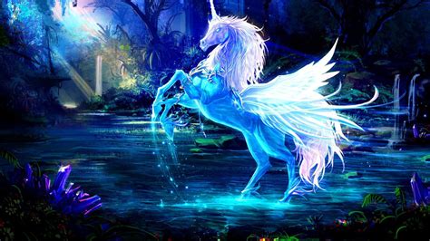 blue unicorn  wings  forest background hd unicorn wallpapers hd