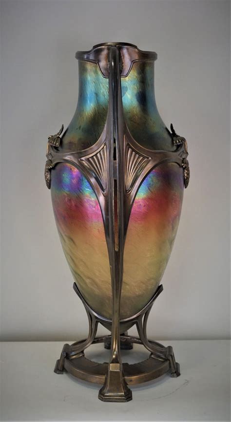 Art Nouveau Art Deco Large Glass Vase With Patinated