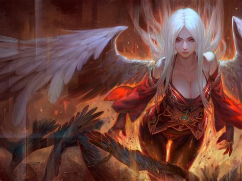girl angel white hair angel wings and red eyes fire art
