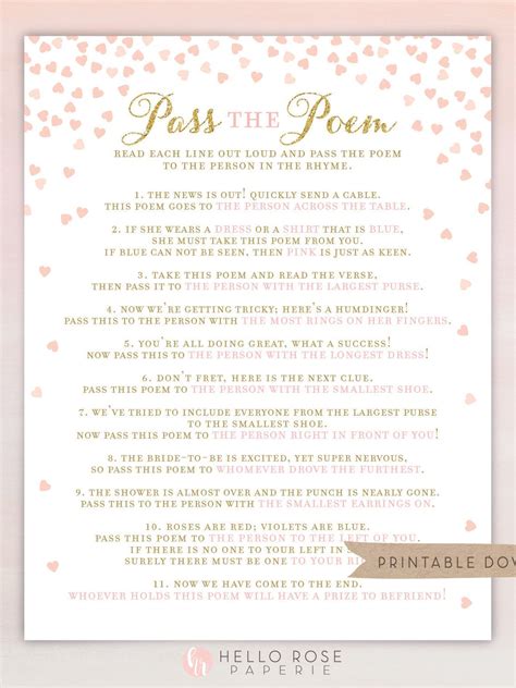 pass  poem bridal shower game printable  pass  etsy