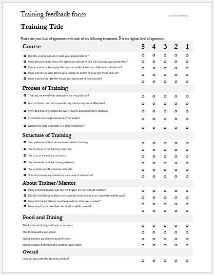 Training Feedback And Evaluation Forms For Ms Word Word