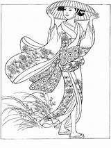 Coloring Pages Japanese Coloriage Japonais Kimono Woman Hat Book Adults Japan Color Printable Asian Drawings Japon Dessin Justcolor Mandala Adult sketch template
