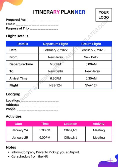 itinerary planner template printable    word