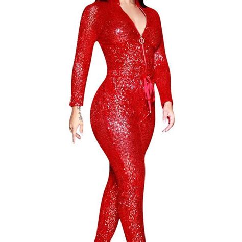 Hualong Sexy Night Club Long Sleeve Red Sequin Jumpsuit Online Store
