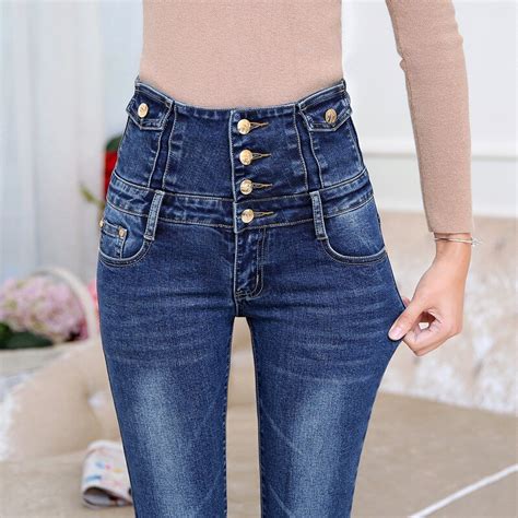 2018 jeans woman autumn and winter slim feet pencil pants waist stretch