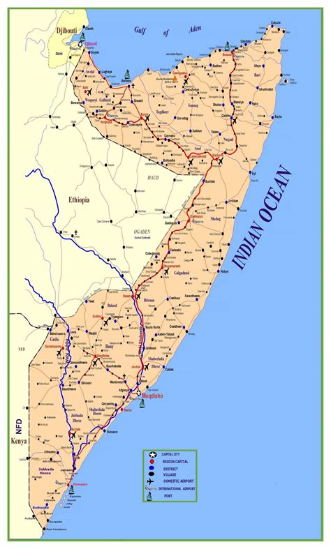 large detailed map  somalia  roads cities villages ports