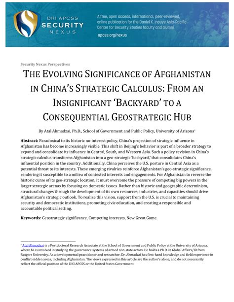 Pdf The Evolving Significance Of Afghanistan In Chinas Strategic