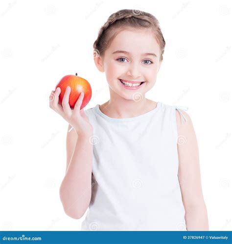 portrait  cute  girl holding  apple stock image image