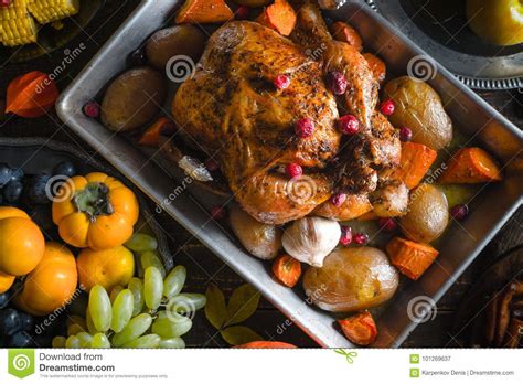 Thanksgiving Turkey Vegetables And Fruits Close Up Stock