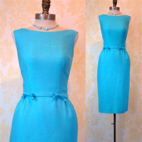 vintage 50s 60s elegant blue linen wiggle dress pinup bows xs s