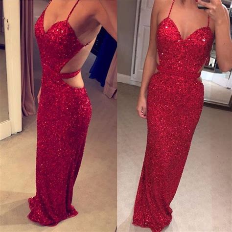 red sequins prom dress sexy sparkly spaghetti straps backless mermaid prom evening dress e372 on