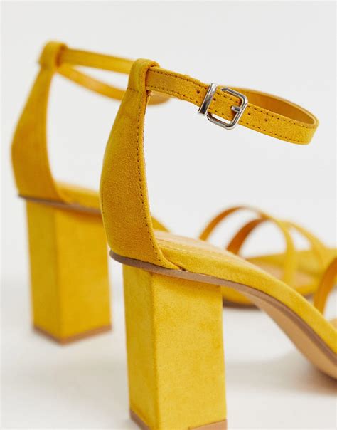bershka denim  part mid heel sandals  yellow lyst