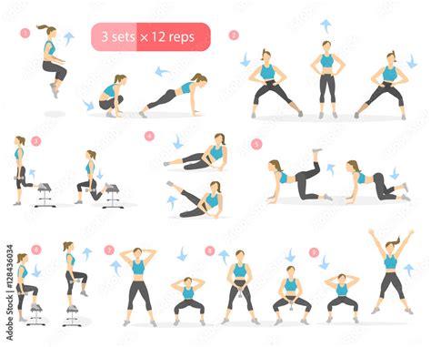 workout girl set woman doing fitness and yoga exercises lunges and