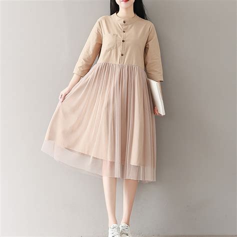 mori girl summer autumn dress   cotton  linen high waist mesh patchwork shirt dress