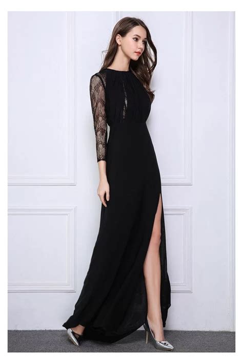 black lace long sheer sleeve slit prom dress  ck shepromcom
