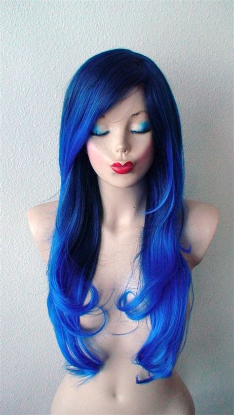 black blue wig long curly hair long side bangs wig
