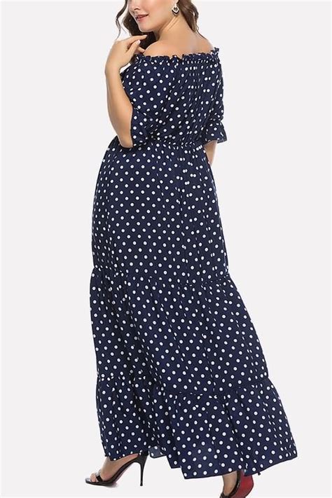 dark blue polka dot print off shoulder casual plus size