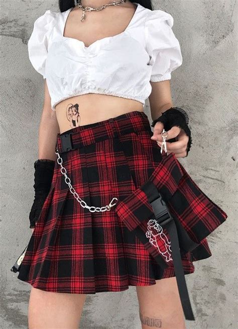 plaid skirt with chain pocket bear in 2020 red plaid skirt outfit