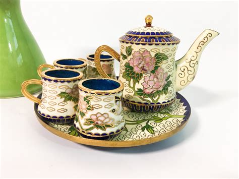 vintage miniature chinese cloisonne tea set chinese cloisonne small tea set vintage mini tea