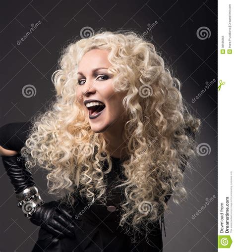 Woman Blonde Curly Hairs Surprised With Open Mouth Black